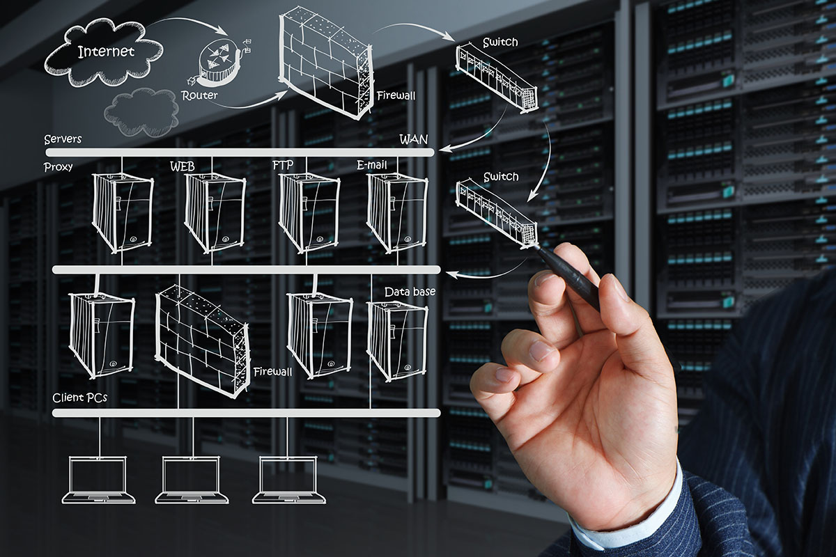 Hand drawing a network diagram with firewall, router, switches, servers, and database over a blurred server room, symbolizing digital connectivity.
